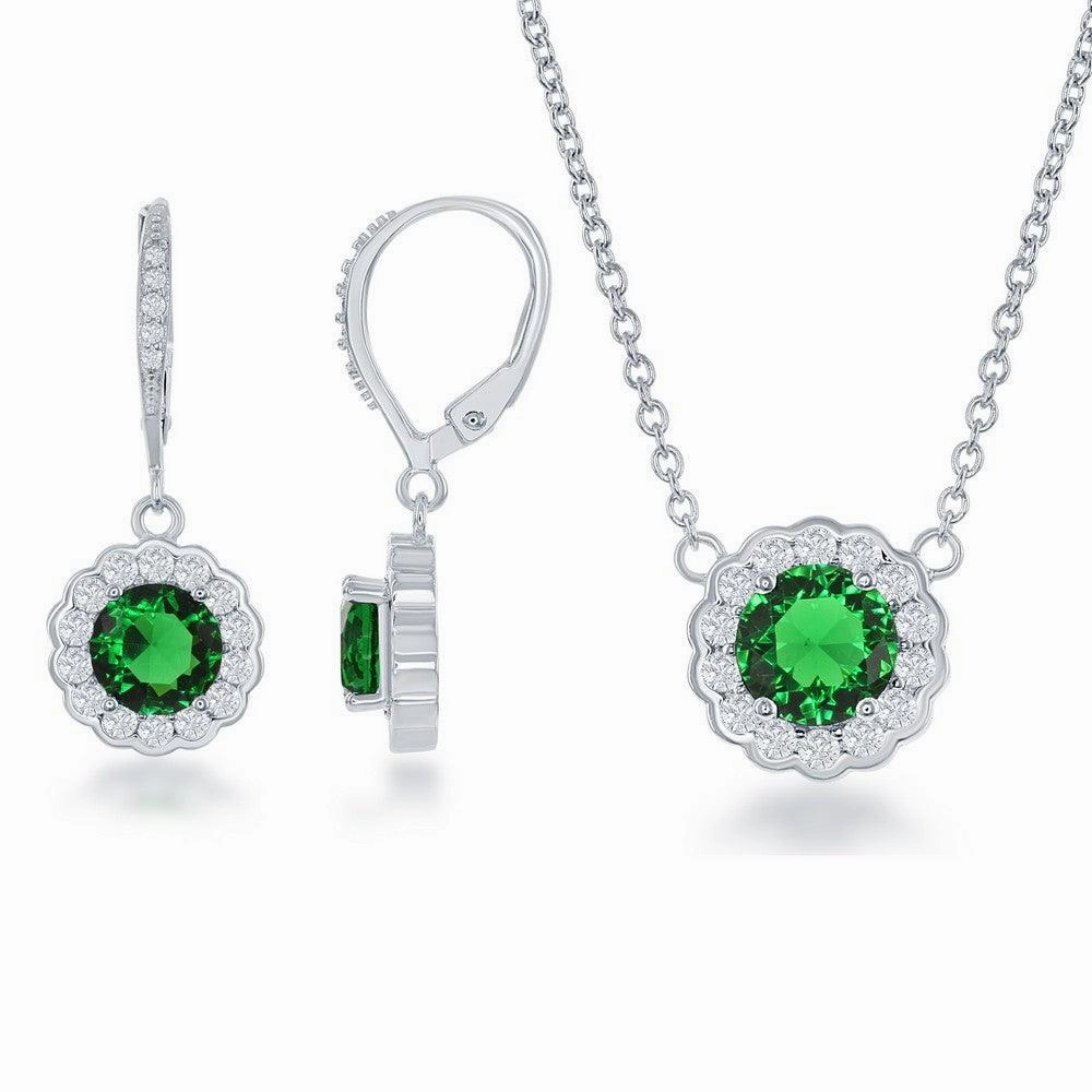 Sterling Silver May Birthstone With  CZ Border Round Earrings and Necklace Set suit-set  