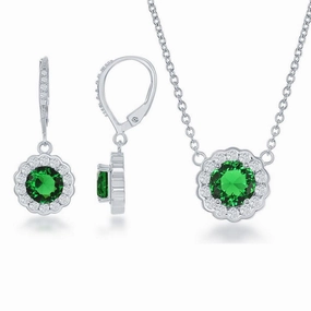 Sterling Silver May Birthstone With  CZ Border Round Earrings and Necklace Set suit-set  