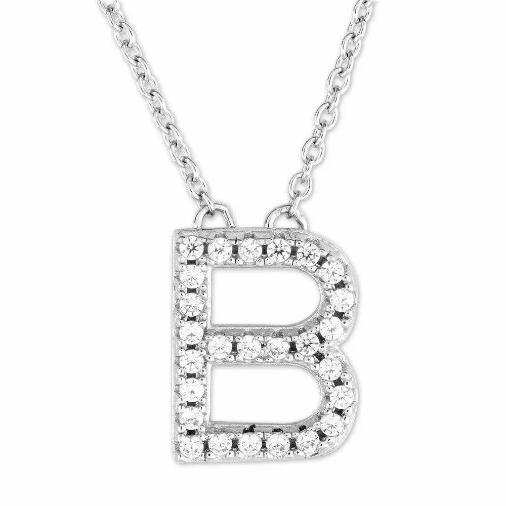 Sterling Silver Micro Pave &quot;B&quot; Pendant Necklace