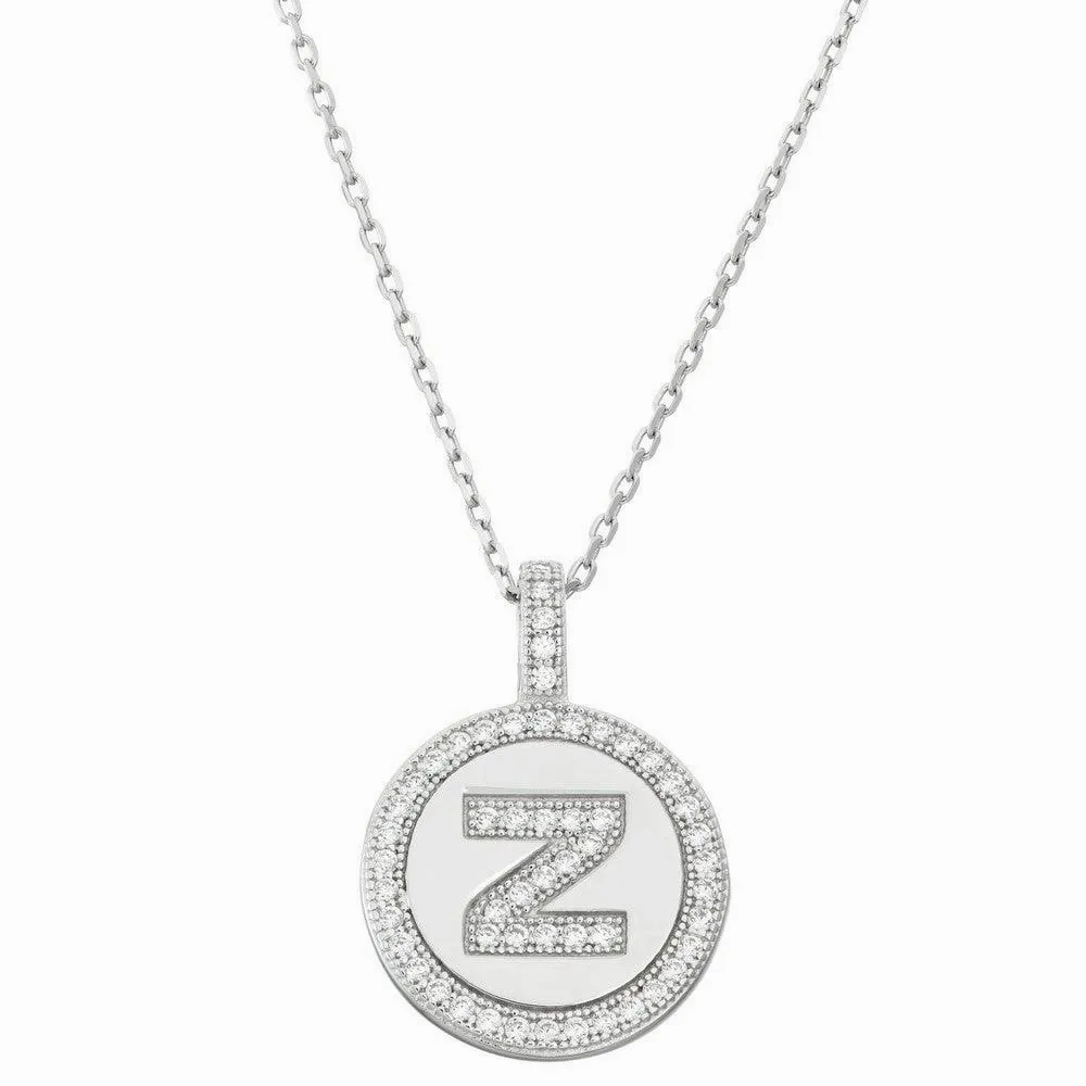 Sterling Silver Micro Pave Circle &quot;Z&quot; Pendant Chain