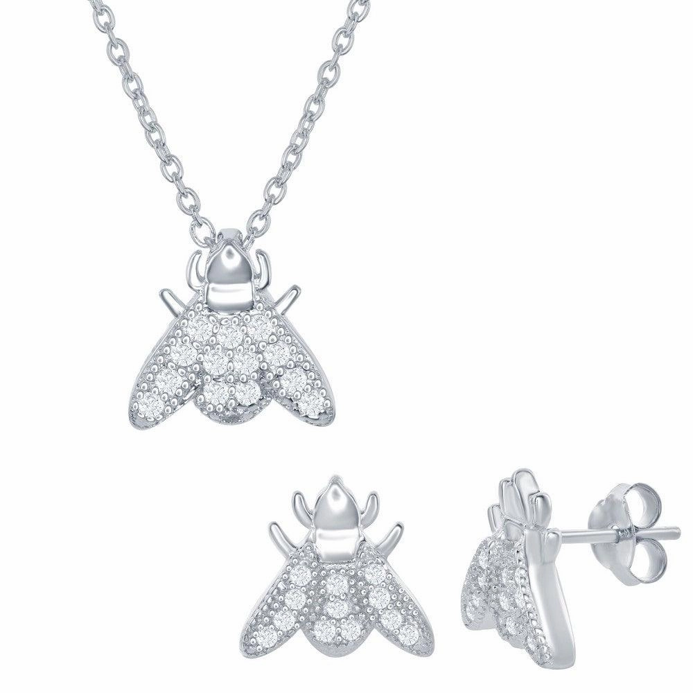 Sterling Silver Micro Pave Sliding Fly Necklace and Earrings Set suit-set  