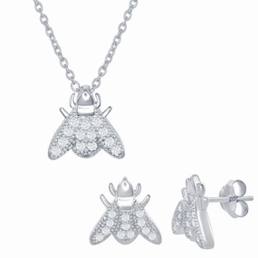 Sterling Silver Micro Pave Sliding Fly Necklace and Earrings Set suit-set  