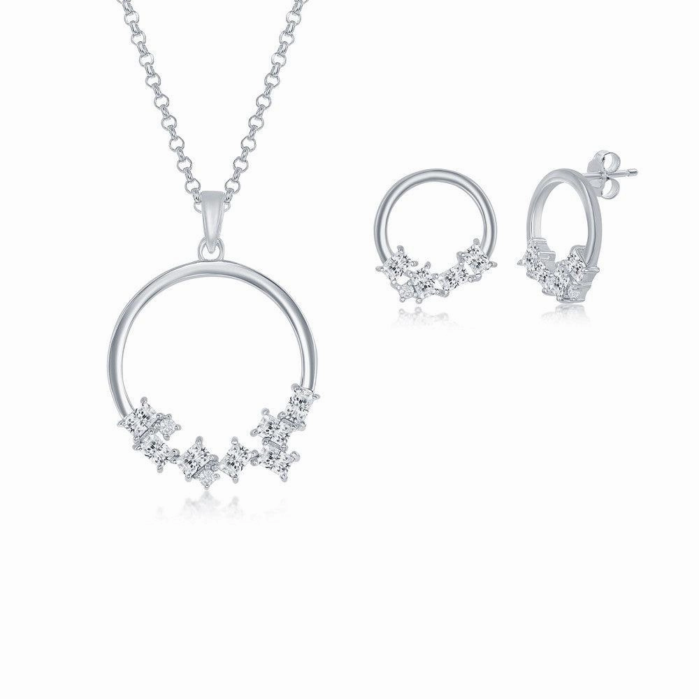 Sterling Silver Multi-Shaped CZ Open Circle Pendant & Earrings Set With Chain suit-set  