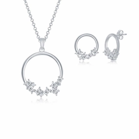 Sterling Silver Multi-Shaped CZ Open Circle Pendant & Earrings Set With Chain suit-set  