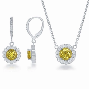 Sterling Silver November Birthstone With  CZ Border Round Earrings and Necklace Set suit-set  