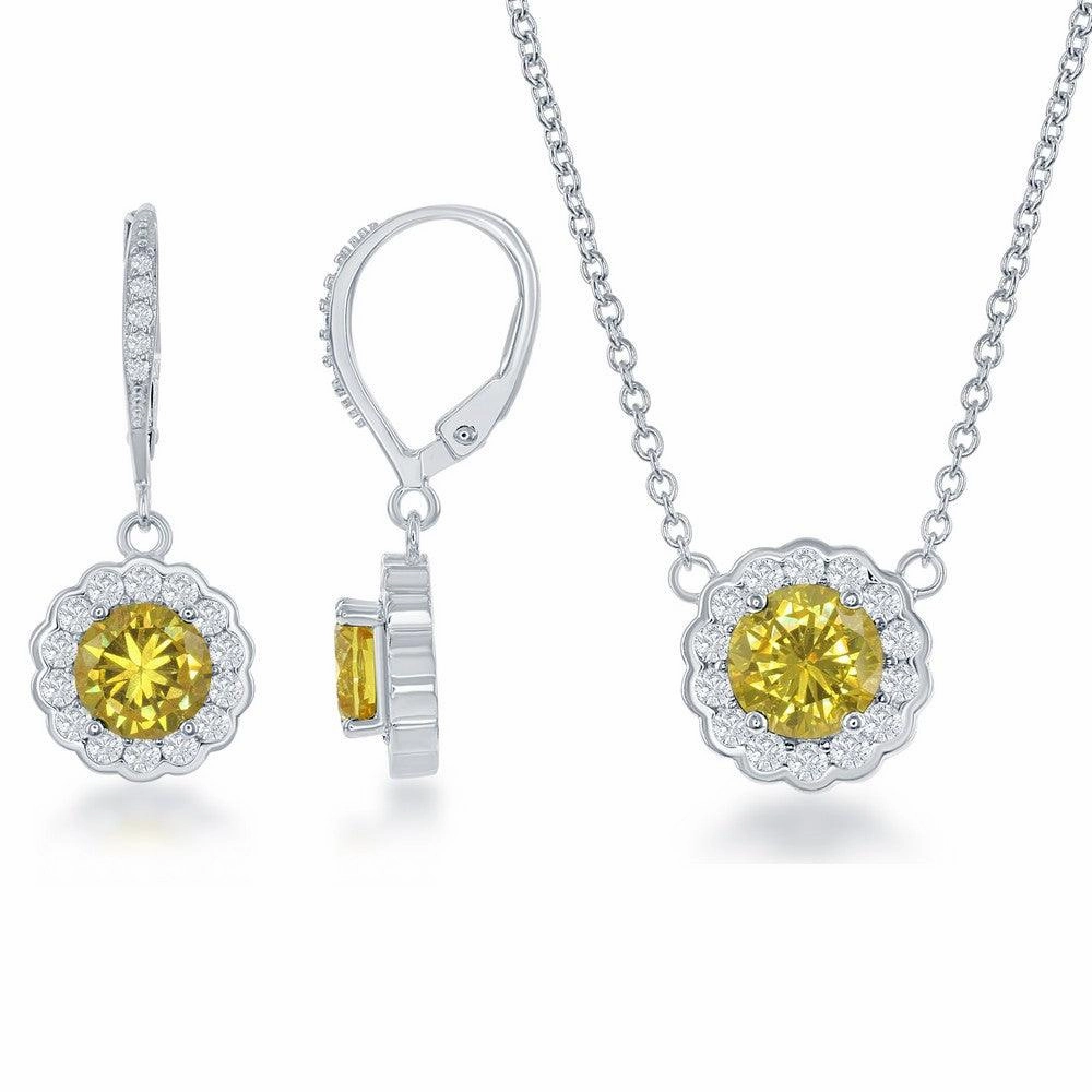 Sterling Silver November Birthstone With  CZ Border Round Earrings and Necklace Set suit-set  