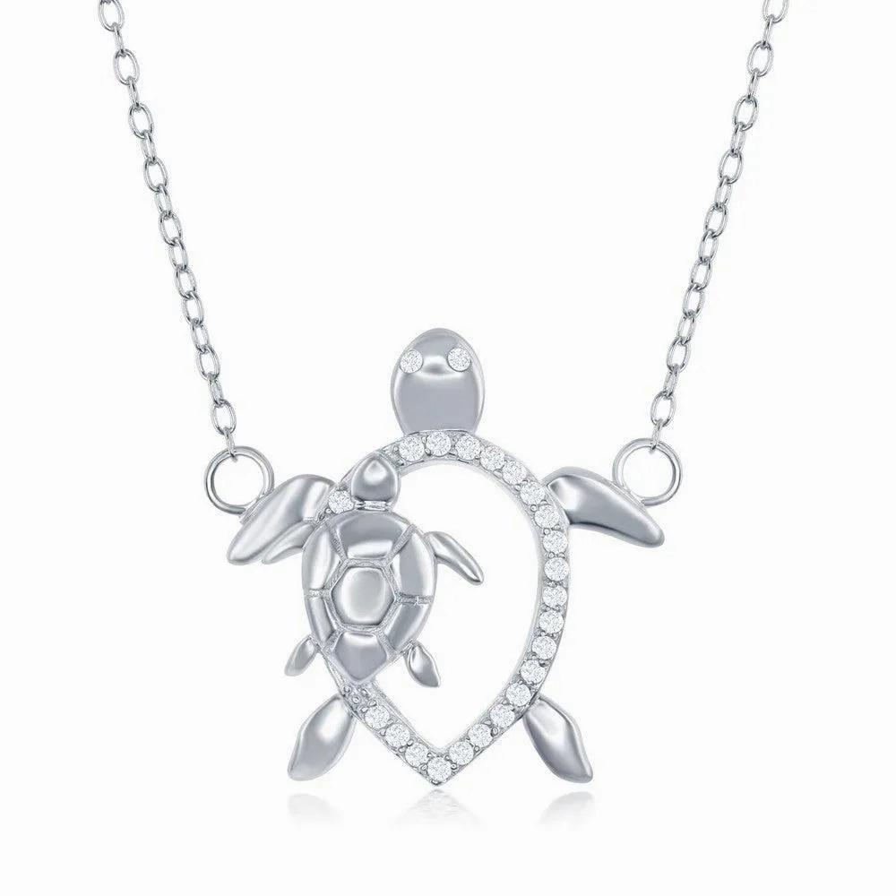 Sterling Silver Open CZ Turtle with Smaller Turtle Necklace