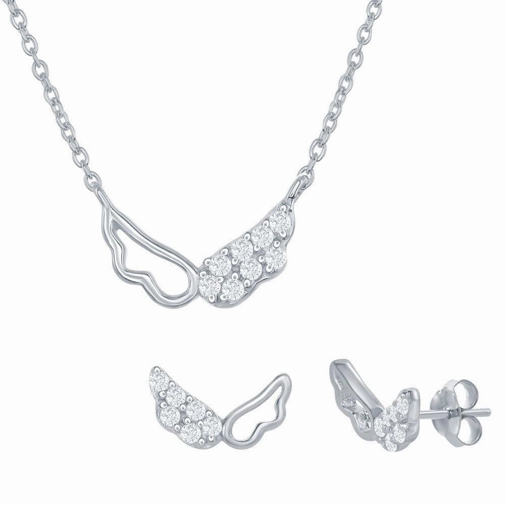 Sterling Silver Outline and CZ Wing Necklace and Earrings Set suit-set  