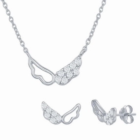 Sterling Silver Outline and CZ Wing Necklace and Earrings Set suit-set  
