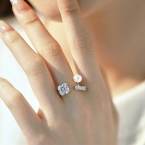 Sterling Silver Pearl Ring Square Zircon Ring Opening Adjustable 