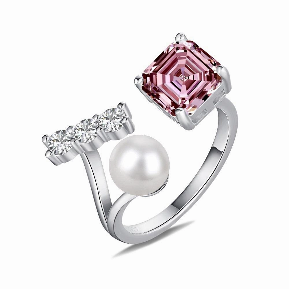 Sterling Silver Pearl Ring Square Zircon Ring Opening Adjustable