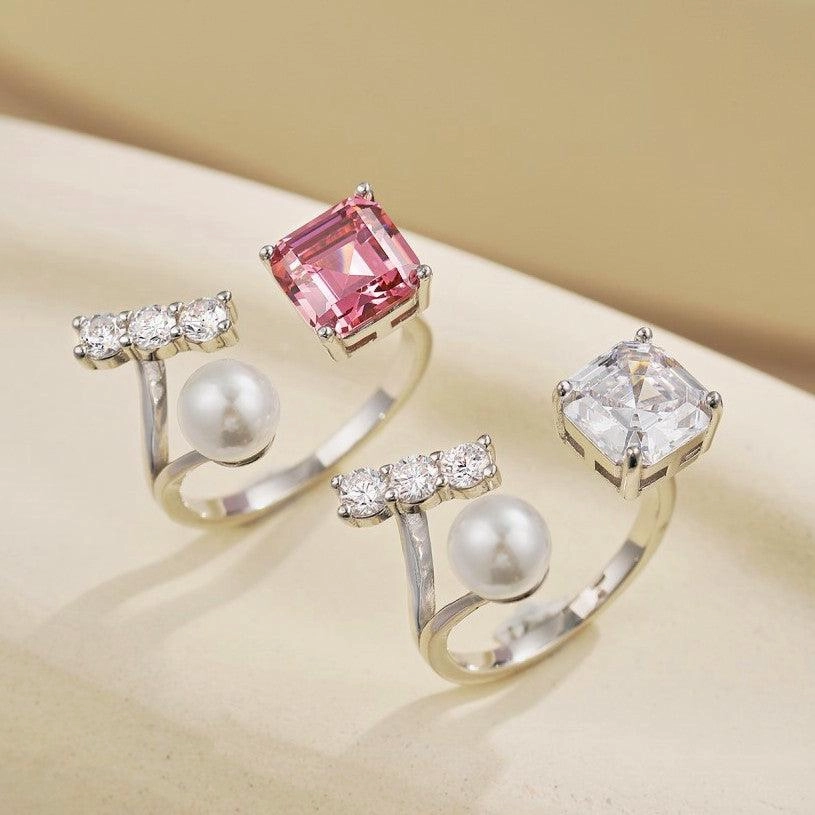 Sterling Silver Pearl Ring Square Zircon Ring Opening Adjustable