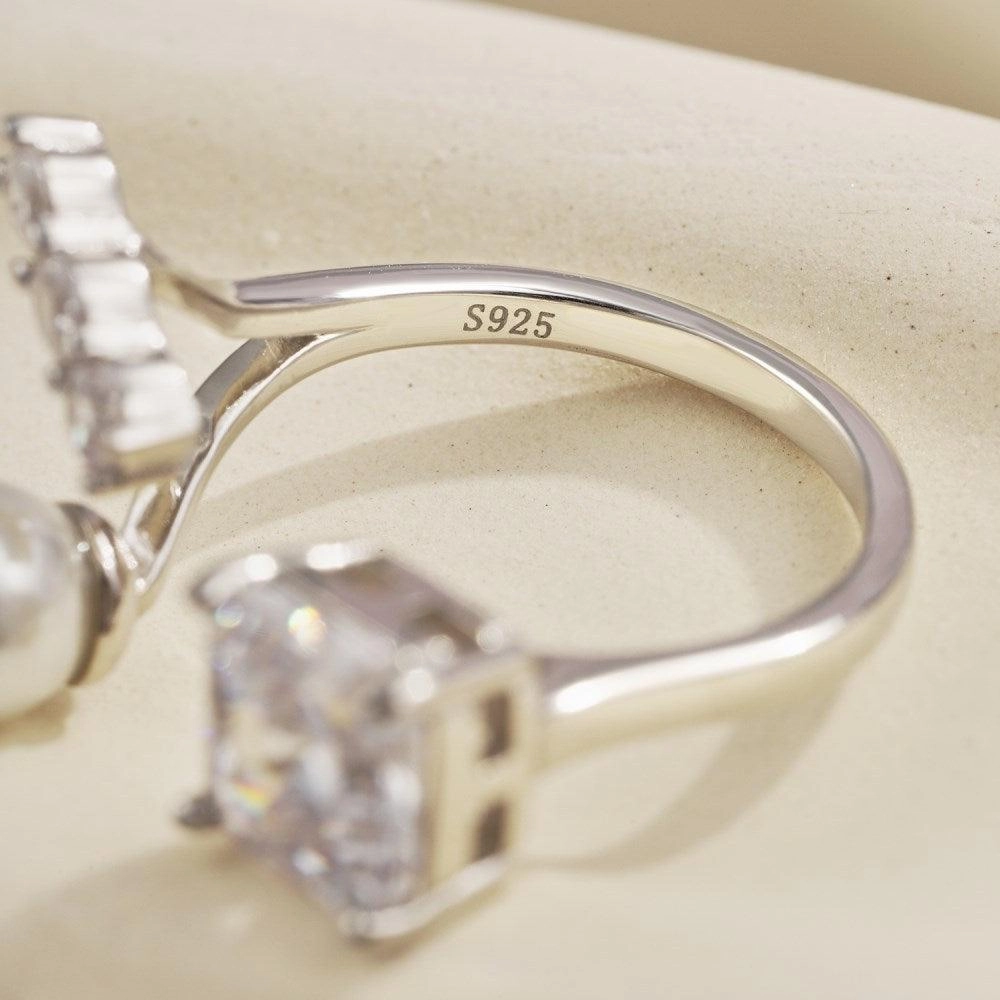 Sterling Silver Pearl Ring Square Zircon Ring Opening Adjustable