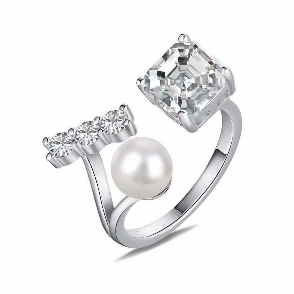 Sterling Silver Pearl Ring Square Zircon Ring Opening Adjustable