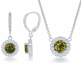 Sterling Silver Peridot CZ August Birthstone With  CZ Border Round Earrings and Necklace Set suit-set  