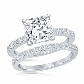 Sterling Silver Princess-Cut Half CZ Band Engagement Ring Set - W-2406 suit-set  