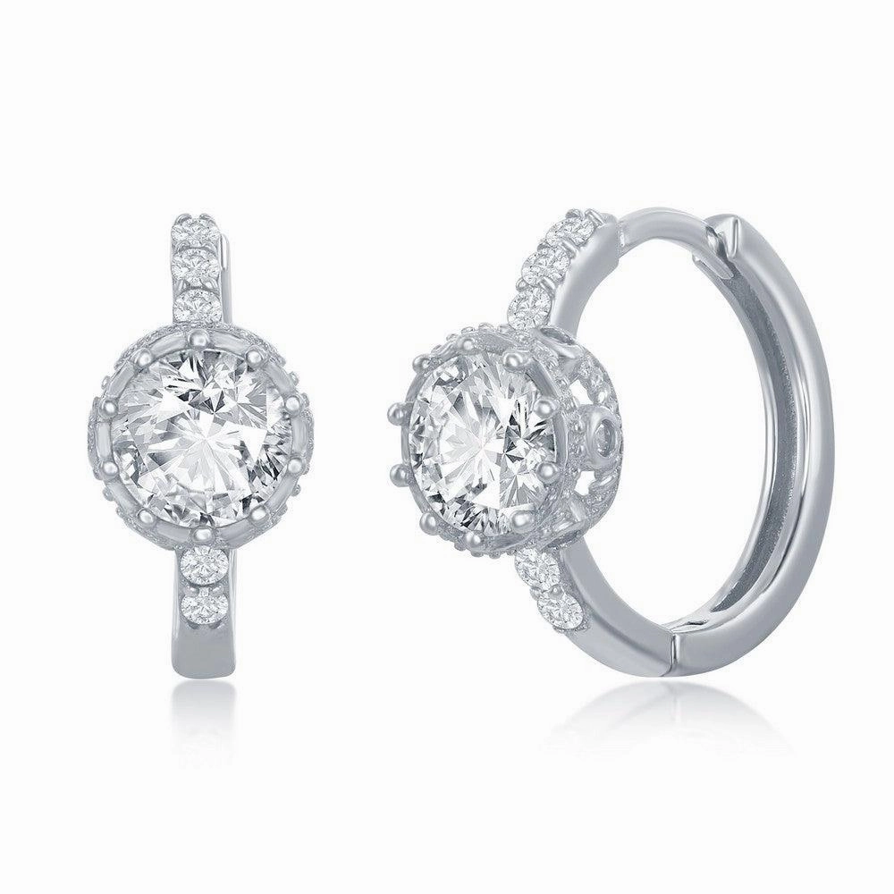 Sterling Silver Prong Crown Set CZ Huggie Hoop Earrings suit-set  