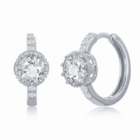 Sterling Silver Prong Crown Set CZ Huggie Hoop Earrings suit-set  
