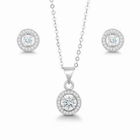 Sterling Silver Prong Round Clear CZ Pendant and Earrings Set suit-set  