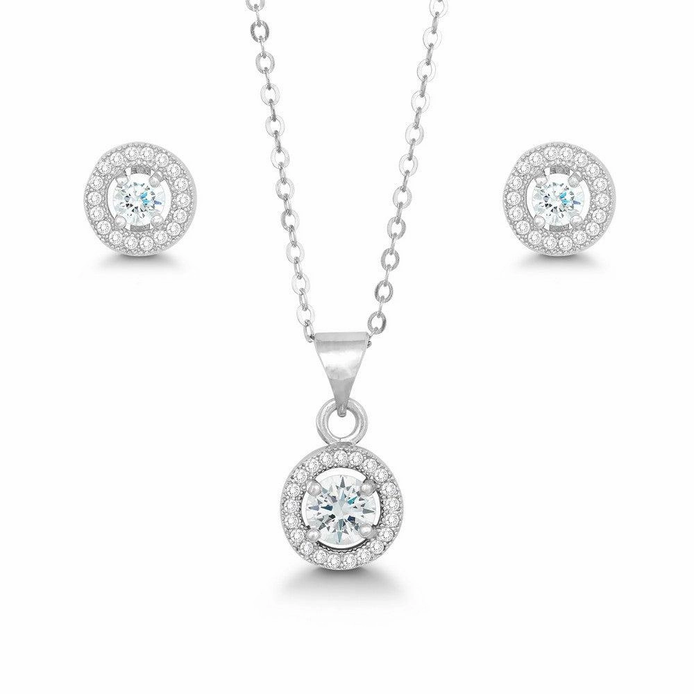 Sterling Silver Prong Round Clear CZ Pendant and Earrings Set suit-set  