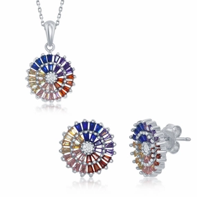 Sterling Silver Rainbow Baguettes CZ Disc Pendant & Earrings Set suit-set  