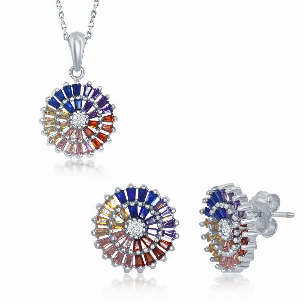 Sterling Silver Rainbow Baguettes CZ Disc Pendant & Earrings Set suit-set  
