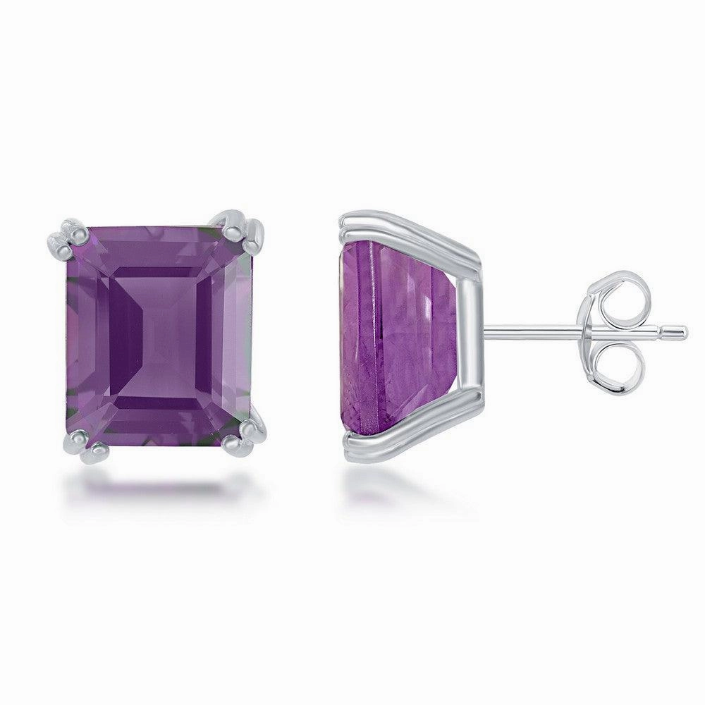Sterling Silver Rectangle Amethyst Prong Set Stud Earrings suit-set  