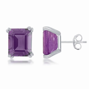 Sterling Silver Rectangle Amethyst Prong Set Stud Earrings suit-set  