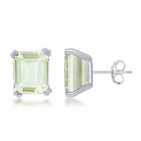 Sterling Silver Rectangle Green Amethyst Prong Set Stud Earrings suit-set  