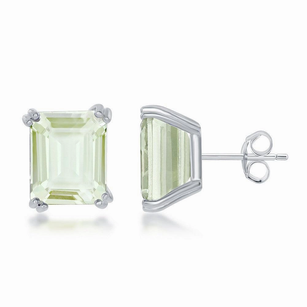 Sterling Silver Rectangle Green Amethyst Prong Set Stud Earrings suit-set  