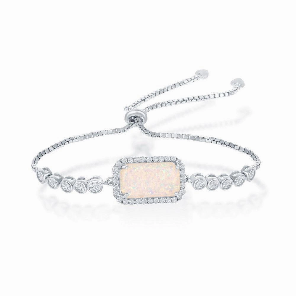 Sterling Silver Rectangle White Opal with CZ Border Bezel-Set CZ Adjustable Bolo Bracelet suit-set  