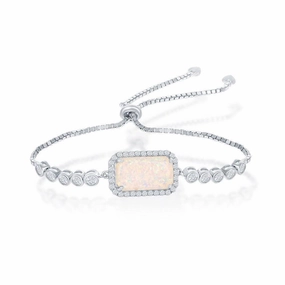 Sterling Silver Rectangle White Opal with CZ Border Bezel-Set CZ Adjustable Bolo Bracelet suit-set  