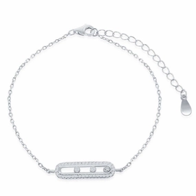 Sterling Silver Rectangle with Sliding Bezel-Set CZ Bracelet, 6" suit-set  