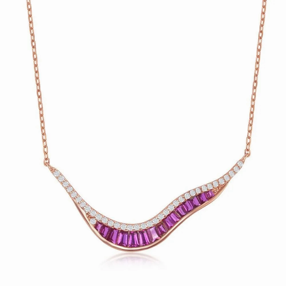 Sterling Silver Rose Gold Plated 'V' Baguette Ruby CZ Necklace
