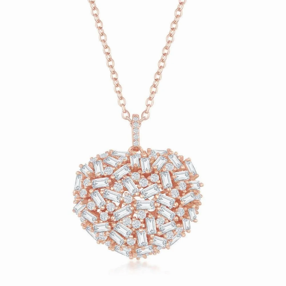 Sterling Silver Rose Gold White Baguette CZ Puffed Heart Necklace