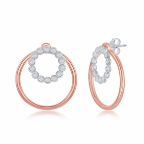 Sterling Silver Rose GP Bezel-Set CZ and Open Circle Earrings suit-set  