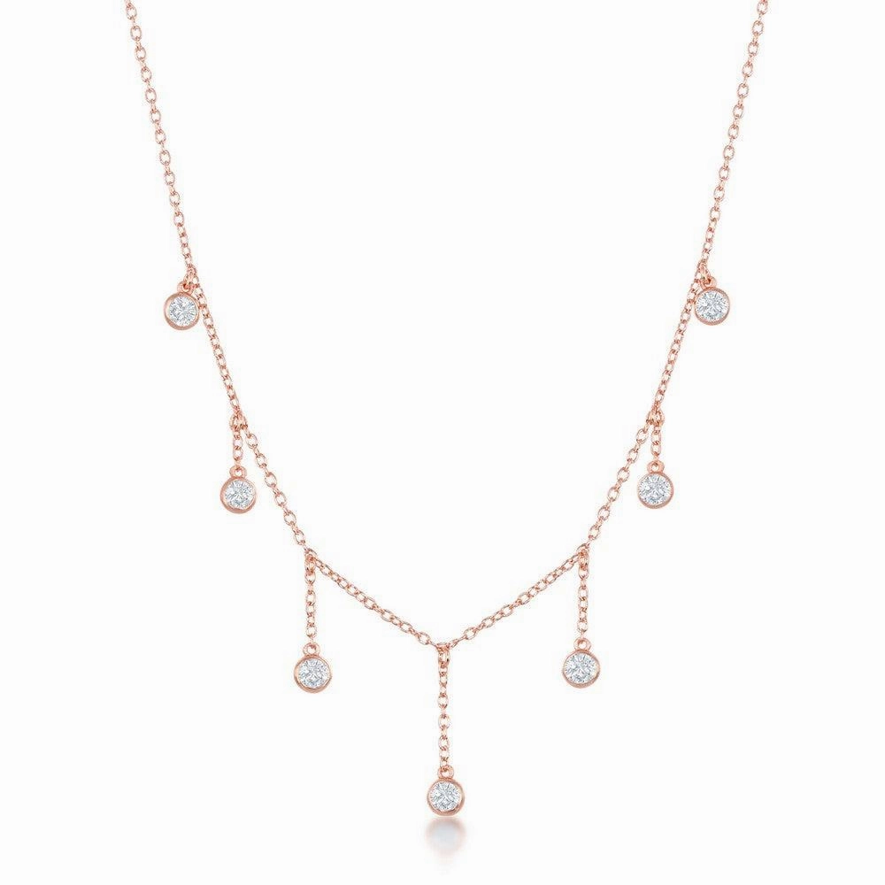 Sterling Silver Rose GP Dangling Bezel-Set CZ's Necklace suit-set  