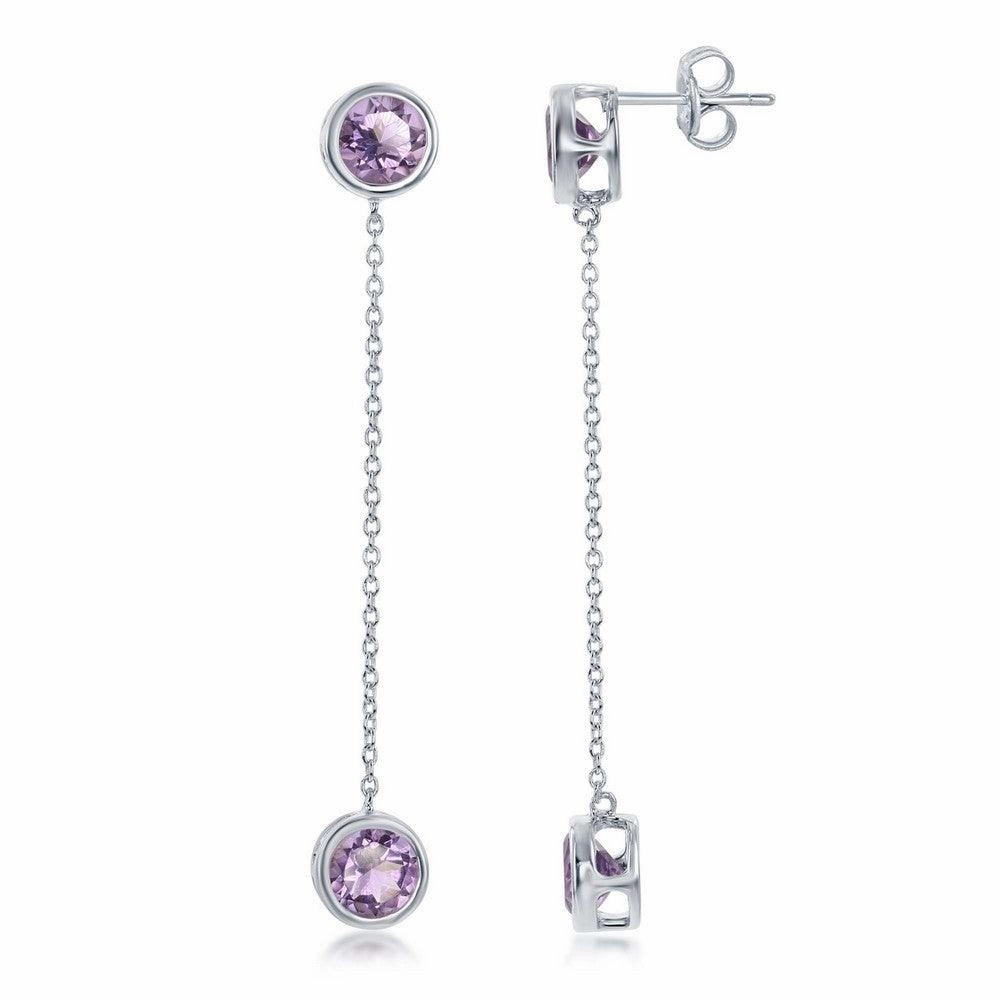 Sterling Silver Round Bezel-Set Amethyst with Hanging Chain Bezel-Set Amethyst Earrings suit-set  