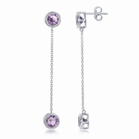 Sterling Silver Round Bezel-Set Amethyst with Hanging Chain Bezel-Set Amethyst Earrings suit-set  