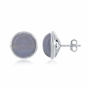 Sterling Silver Round Blue Lace Agate Bezel Set Stud Earrings suit-set  