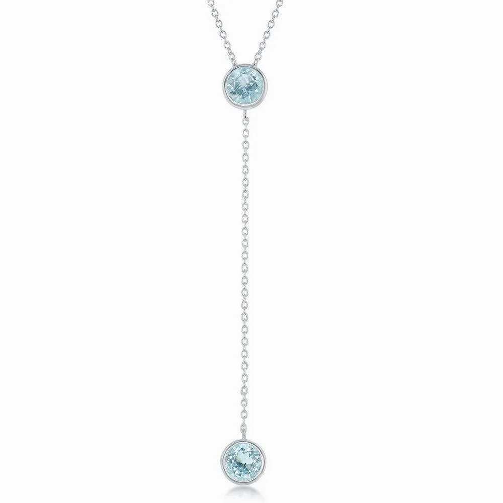 Sterling Silver Round Blue Topaz With  Long Hanging Chain &amp; Round Blue Topaz Necklace