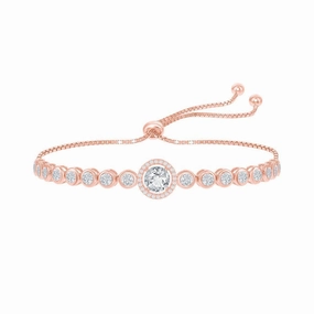 Sterling Silver Round CZ Halo Bezel-Set CZ Adjustable Bolo Bracelet - Rose Gold Plated suit-set  