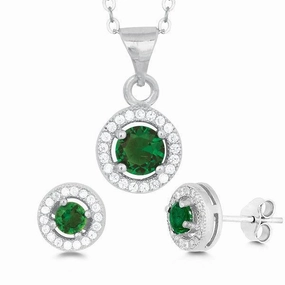 Sterling Silver Round Green CZ Pendant and Earrings Set suit-set  