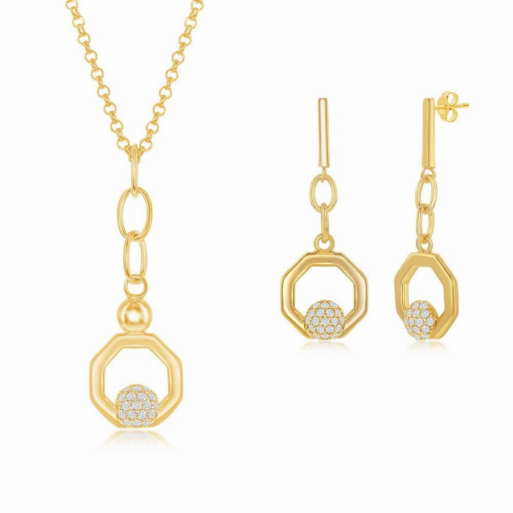 Sterling Silver Round Micro Pave CZ Open Hexagon Pendant & Earrings Set With Chain - Gold Plated suit-set  