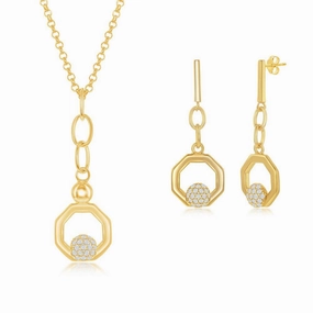 Sterling Silver Round Micro Pave CZ Open Hexagon Pendant & Earrings Set With Chain - Gold Plated suit-set  
