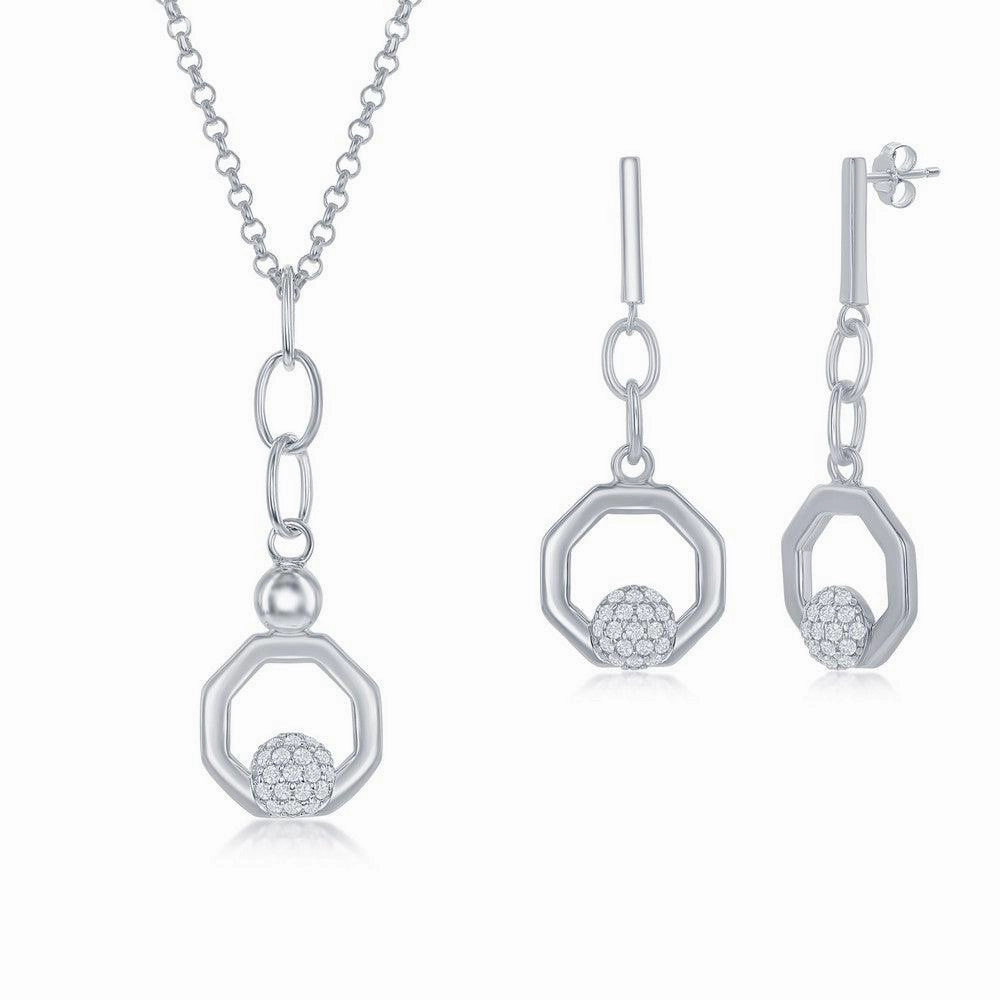 Sterling Silver Round Micro Pave CZ Open Hexagon Pendant & Earrings Set With Chain suit-set  