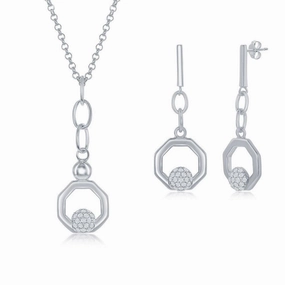 Sterling Silver Round Micro Pave CZ Open Hexagon Pendant & Earrings Set With Chain suit-set  