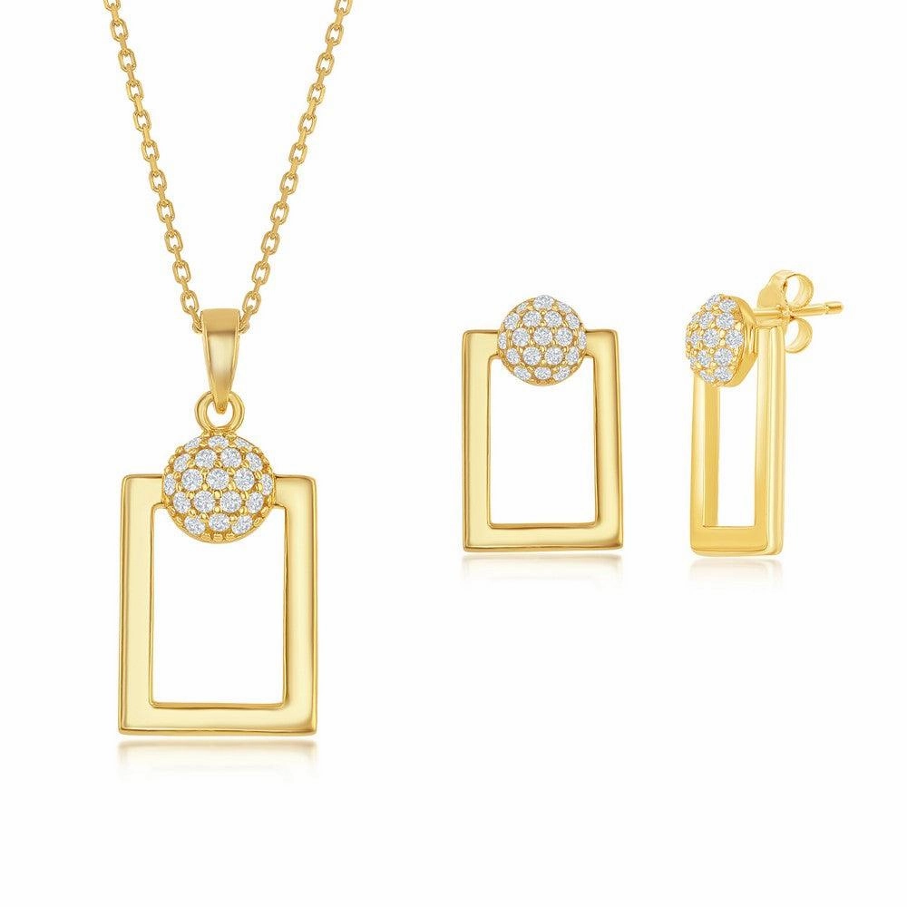 Sterling Silver Round Micro Pave CZ Open Rectangle Pendant & Earrings Set With Chain - Gold Plated suit-set  