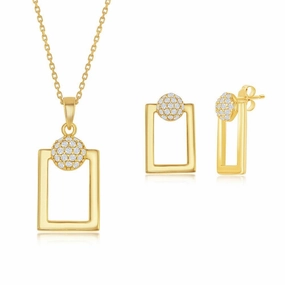 Sterling Silver Round Micro Pave CZ Open Rectangle Pendant & Earrings Set With Chain - Gold Plated suit-set  