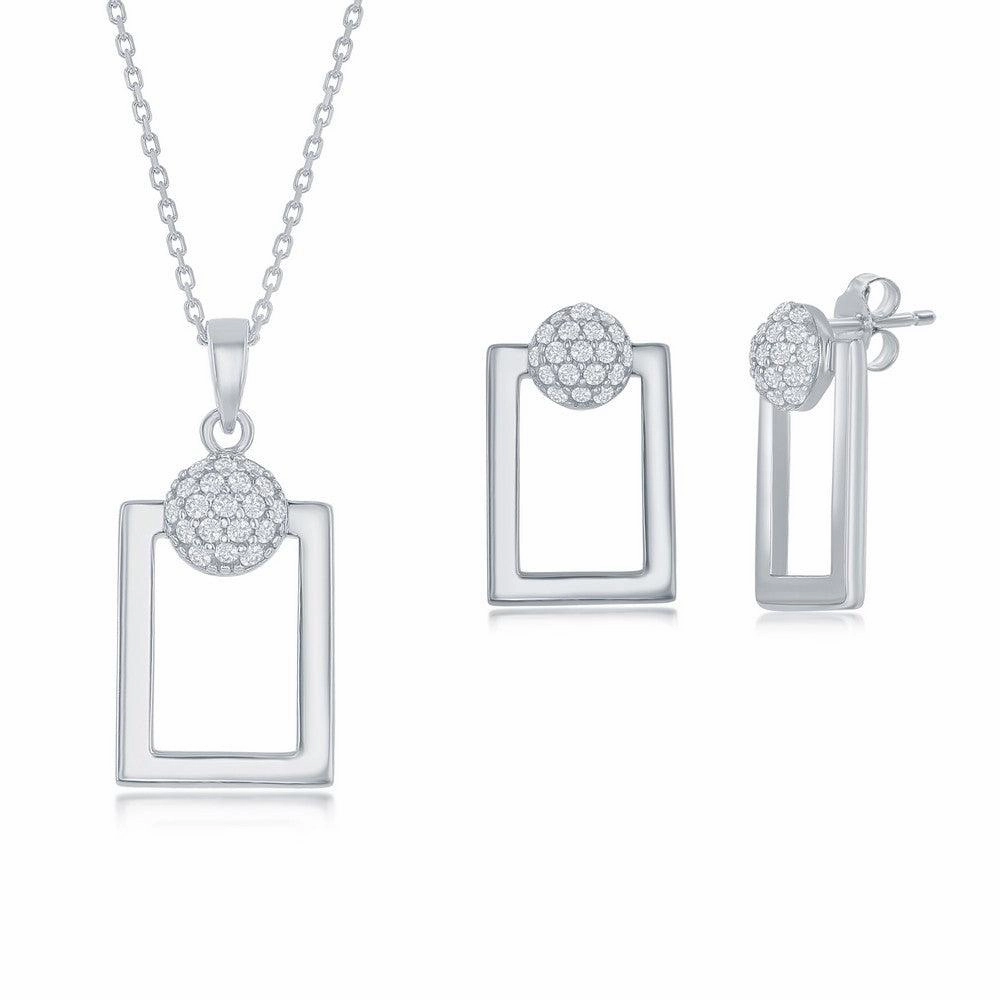 Sterling Silver Round Micro Pave CZ Open Rectangle Pendant & Earrings Set With Chain suit-set  